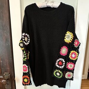 Black womens tunic style sweater with crochet sleeves